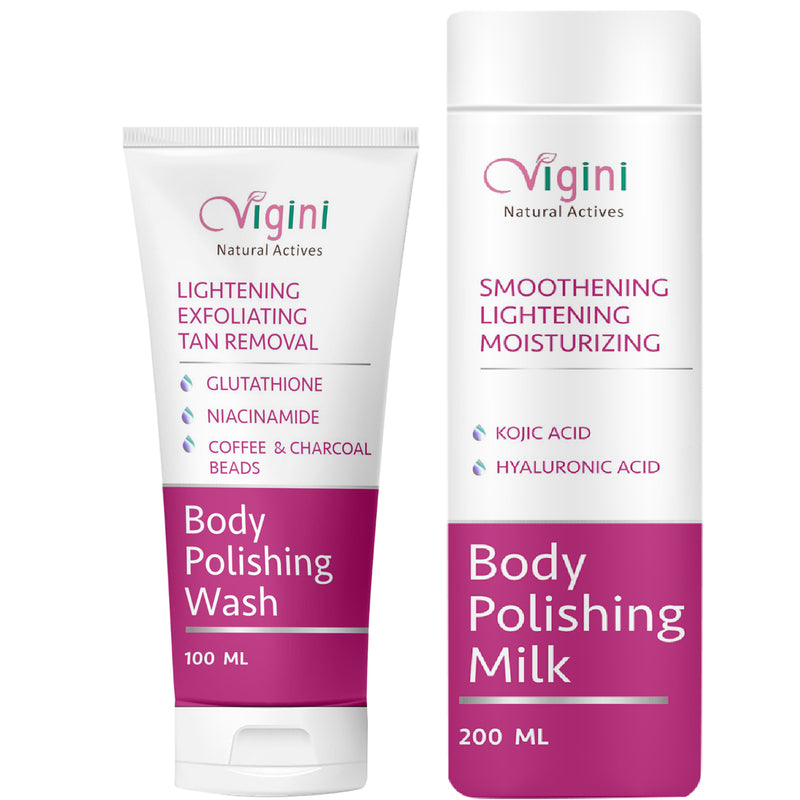 "Vigini Skin Lightening Whitening Polishing Exfoliator Coffee Tan Pigmentation Scrub Shower Gel Wash With Body Smoothening   Moisturizing Milk Lotion Kojic Hyaluronic Acid-300ml"