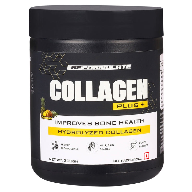 Reformulate I CollaGen Plus+ Improves Bone Health Hydrolyzed Collagen I Highly Bioavailable I Hair I Skin I Nails I Bones I Joints I Nutraceutical I Non-Veg I Pine Apple I 300 GM