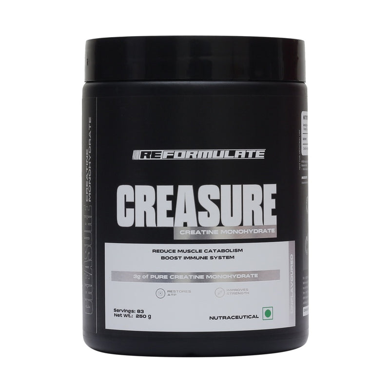 Reformulate I Creasure I Creatine Monohydrate I Reduce Muscle Catabolism Boost Immune System I 3G Of Pure Creatine Monohydrate I Restores Atp I Improves Strength I Nutraceutical I Unflavoured I Servings 83 I 250 GM