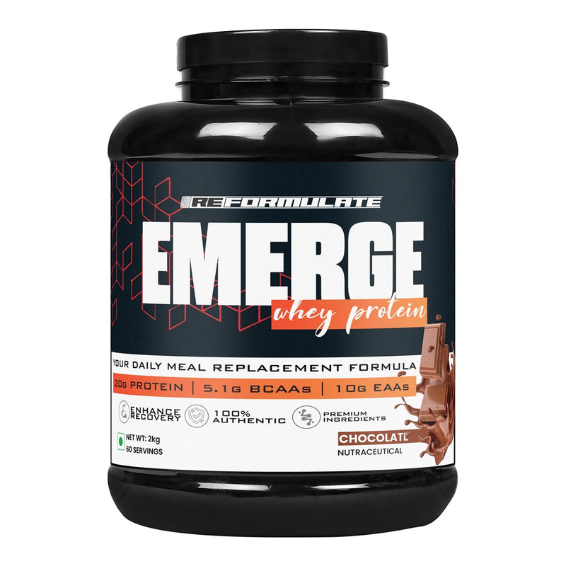 Reformulate I Emerge I Whey Protein I Your Daily Meal Replacement Formula I 20 G I Protein I 5.1 G Bcaa's I 10 G Eaa's I Enhance Recovery I 100% Authentic I Premium Ingredients I 60 Servings I Nutraceutical I Chocolate I 2 KG