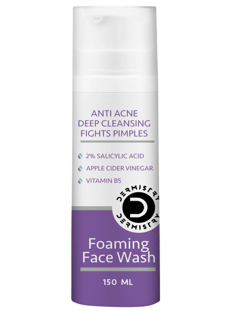 Dermistry Anti Acne Foaming Deep Cleanser Face Wash I 2% Salicylic Acid, Apple Cider, Vinegar and Niacinamide Zinc I Pimples & Excess Oil Removal Oily Acne Prone Skin for Men and Women - 150 ml