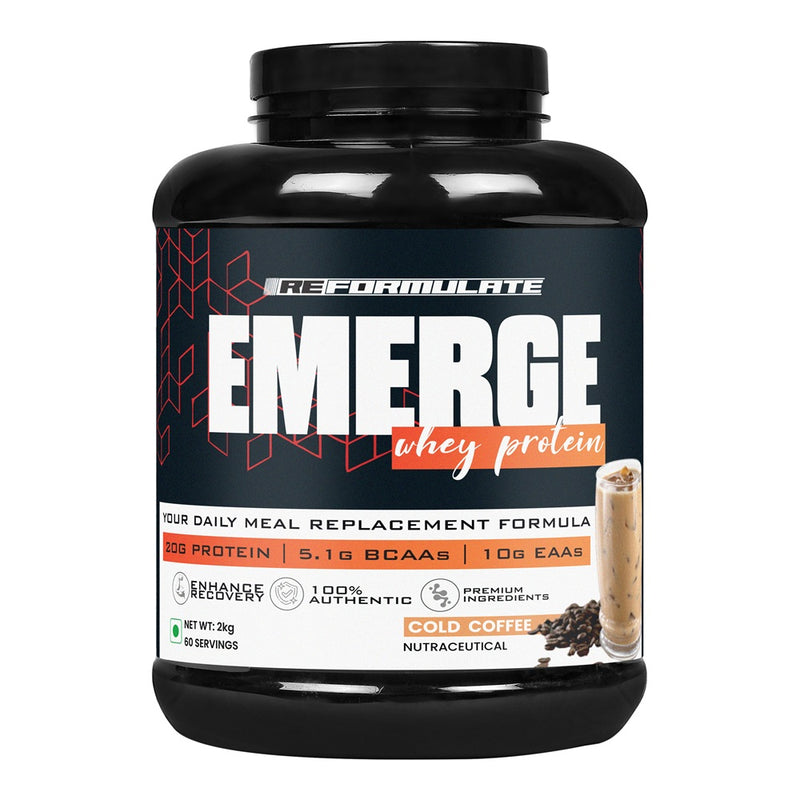 Reformulate I Emerge I Whey Protein I Your Daily Meal Replacement Formula I 20 G I Protein I 5.1 G Bcaa's I 10 G Eaa's I Enhance Recovery I 100% Authentic I Premium Ingredients I 60 Servings I Nutraceutical I Cold Coffee I 2 KG