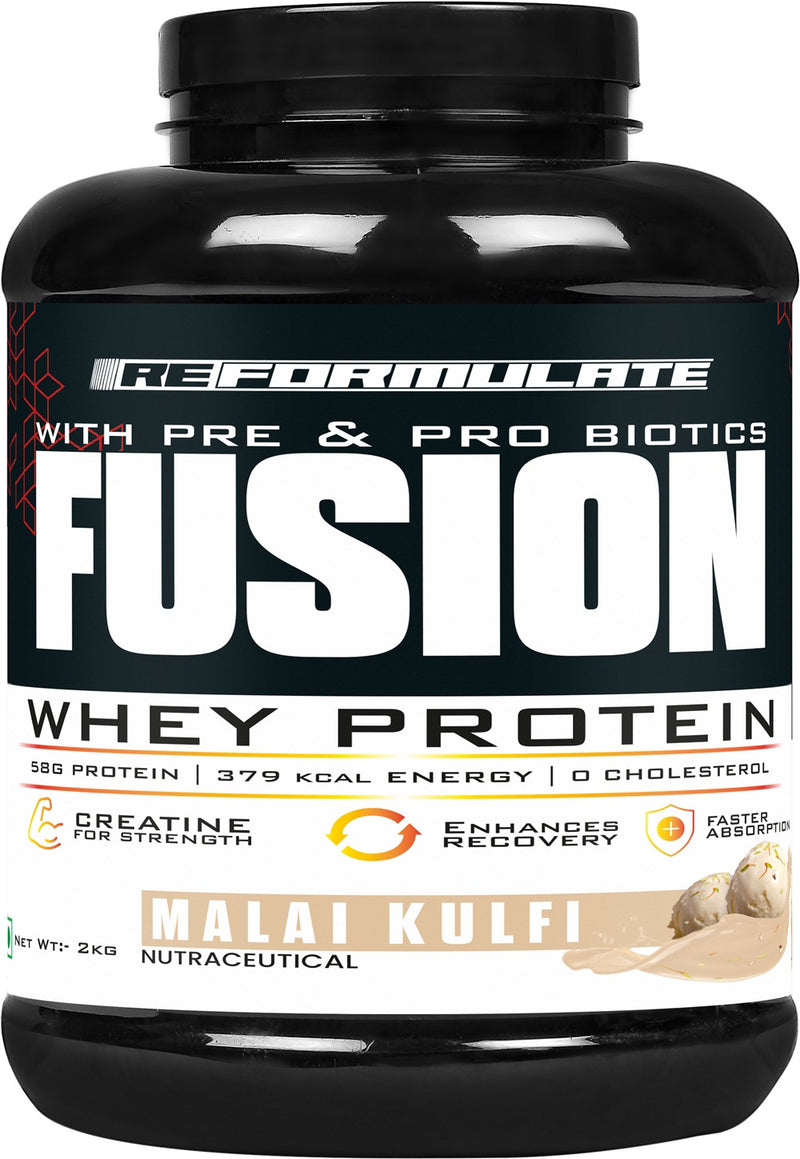 Reformulate I Fusion I Whey Protein I With Pre & Pro Biotics I Muscle Growth I 58G Protein | 379 Kcal Energy | O Cholesterol I Creatine for Strength I Enhances Recovery I Faster Absorption I Nutraceutical I Malai Kulfi I 2 KG