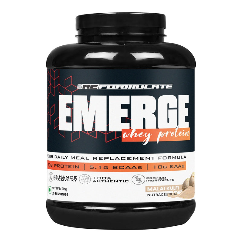 Reformulate I Emerge I Whey Protein I Your Daily Meal Replacement Formula I 20 G I Protein I 5.1 G Bcaa's I 10 G Eaa's I Enhance Recovery I 100% Authentic I Premium Ingredients I 60 Servings I Nutraceutical I Malai Kulfi I 2 KG