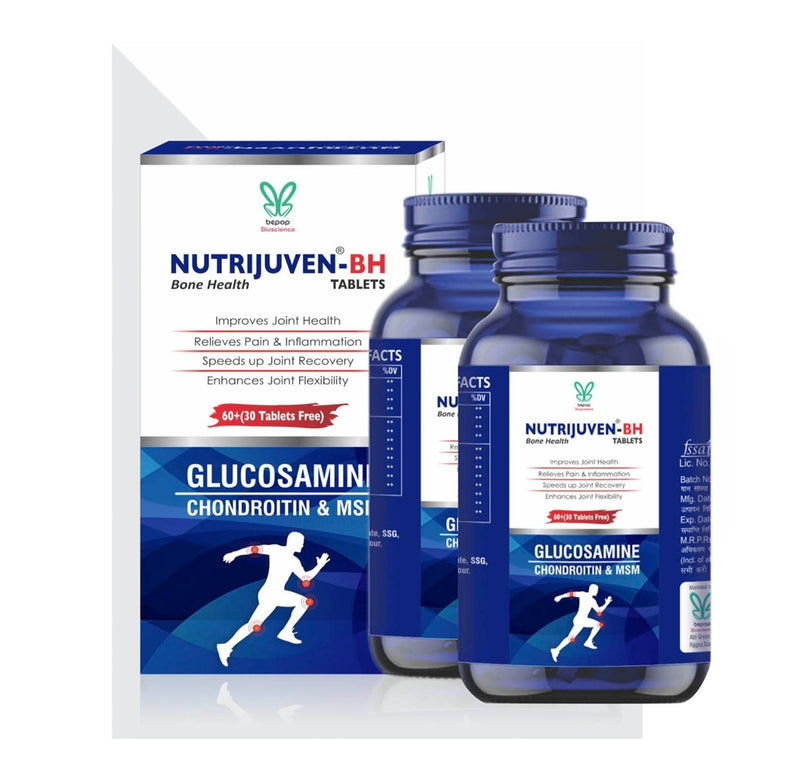 Nutrijuven I BH Bone Health I Combination of Divine Herbs & Modern Science  I Glucosamine I Chondroitin & MSN I Improve joint health I Relieves Pain I Inflammation I Enhances joint Flexibility I 60+ (30 Tablets Free) I Pack of 2