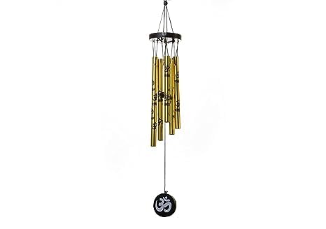 DHARMIK Art OM Metal Wind Chimes with 5 Golden Pipes Home Balcony Garden Positive Energy, Home Decor Hanging (36 cm Height) (Golden, Metal)