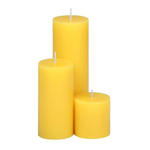 AmodaCandles, Set of 3 Large Round Pillar Candles, Yellow