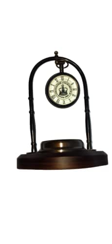 DIVINE GALLERY Clock with Magnetic Compass |Unique| Antique Style Brass Hanging Table Clock Wooden Base Design