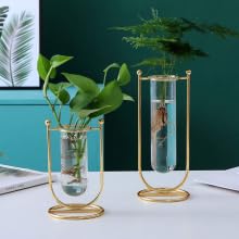 THE UNIQUE DESIGNS™ Desktop Glass Planter Hydroponics Vase Glass Propagation Station with Modern Creative Geometric Metal Frame Test Tube Vase for Home Office Decor Table Top (Set of 2)