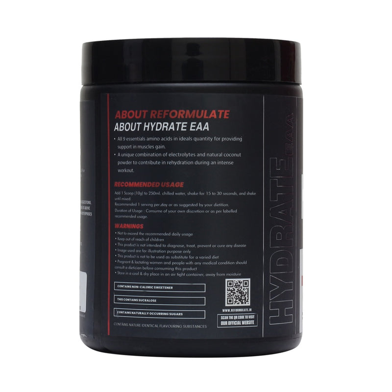 Reformulate I Hydrate EAA I Supports Muscle Recovery I Better Fluid Balance When Exercising I 6G EAA + BCAA | Zero Added Sugar I 6G EAA + BCAA | Zero Added Sugar I Improved Focus I Fluid Balance I Enhanced Endurance I Orange I 300 GM