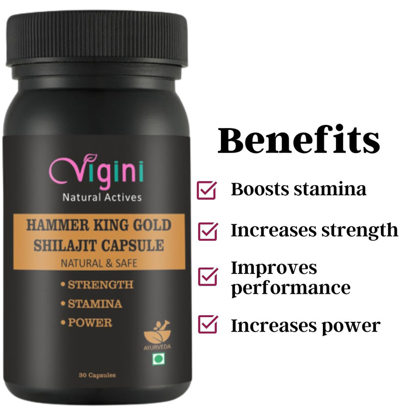 Vigini Natural Hammer King Gold Shilajit / Shilajeet Long Time Sexual Strenght Stamina Thor Performance Power Vigor Vitality Booster Wellness Capsule & Pure Himalayan Shilajit Resin 60% Fulvic Acid For Men-30Caps + 20ml