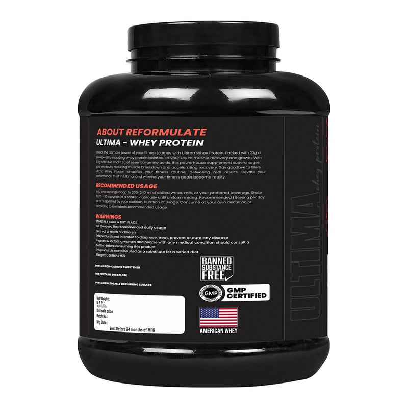 Reformulate I Ultima I Whey Protein with Isolate I 23 G Protein I 5.1G BCAA I 10.8 EAA I  Pre & Probiotics I Enhances Recovery I Faster Absorption I Nutraceutical I Cold Coffee I Serving 60 I 2 KG