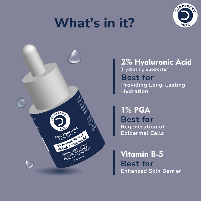 Dermistry 2% Hyaluronic Acid 1% PGA Vitamin B5 Best Intense Skin Hydrating Moisturiser Glowing Day & Night Face Serum for Sensitive & Dry Skin Deep Moisturizing Elasticity Plumpiness Soft Supple Skin 30ml