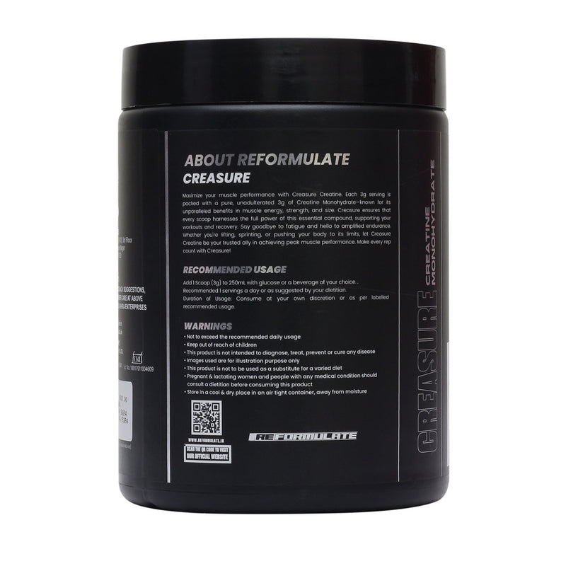 Reformulate I Creasure I Creatine Monohydrate I Reduce Muscle Catabolism Boost Immune System I 3G Of Pure Creatine Monohydrate I Restores Atp I Improves Strength I Nutraceutical I Unflavoured I Servings 83 I 250 GM