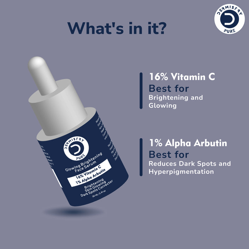 Dermistry 16% Vitamin C 1% Alpha Arbutin Skin Whitening Lightening Brightening Instant Glowing Fairness Face Serum for Removes Pigmentation Dark Spots Correcting Skin Radiance Sun Damage Repair-30ml