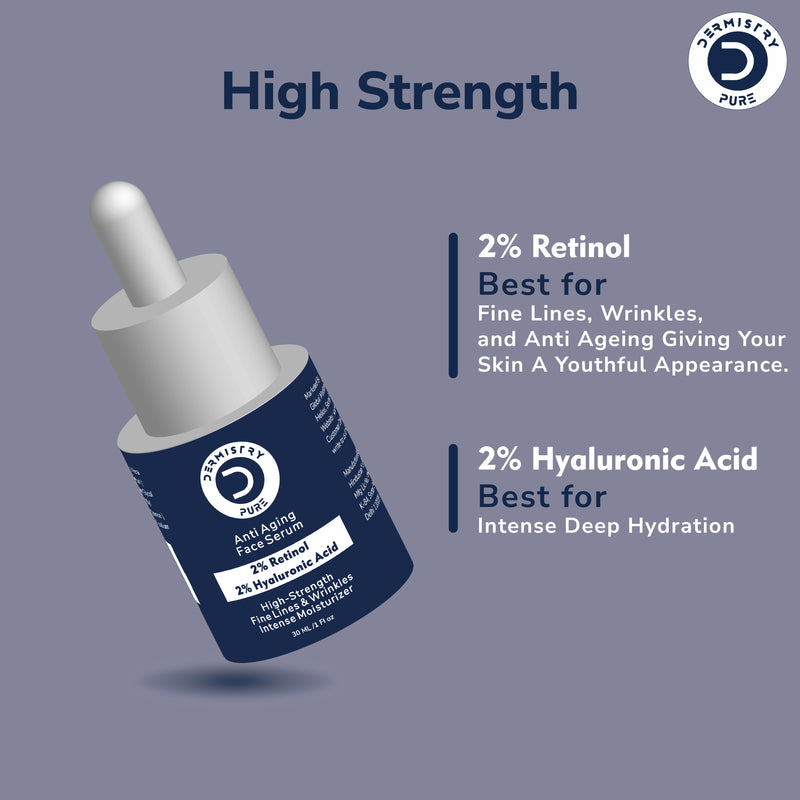 Dermistry 2% Retinol 2% Hyaluronic Acid High-Strength Anti Aging Ageing Face Serum Removes Fine Lines & Wrinkles Skin Deep Hydration Intense Moisturizer 30ml