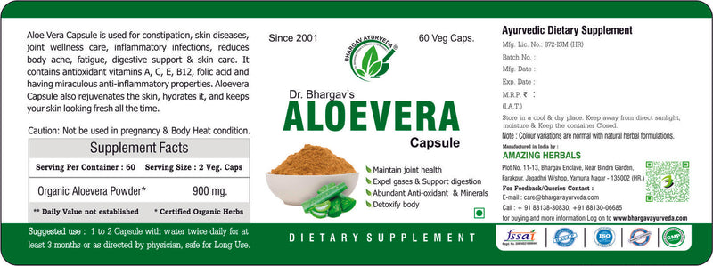 Dr.Bhargav’s I Aloe Vera I Aloe barbidensis I Supports Digestive I Health & Maintain I Joint Health I 60 Capsules