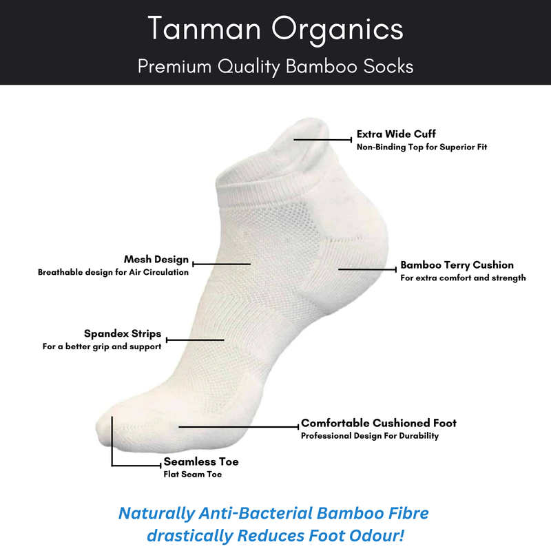 Tanman Organics Bamboo Fiber Unisex Ankle Socks (Odour Free) - White