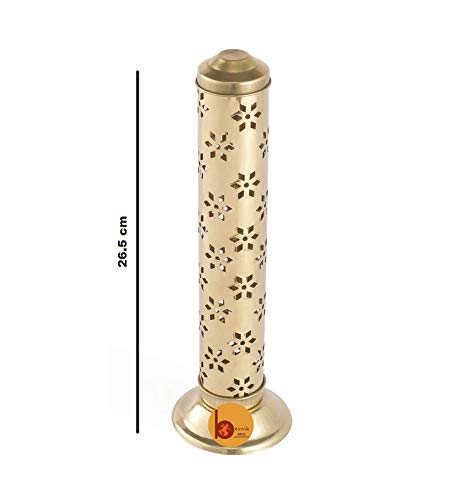 Besnik Arts Pure Brass Flower Agarbatti /Incense Stick Stand/Holder with Dust and Burn Safety Ash Catcher (Gold , Height : 11.5 Inch)(Cylindrical)