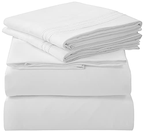 Royale Linens - 4 Piece King Bed Sheet - Soft Brushed Microfiber 1800 Bedding Set - 1 Fitted Sheet, 1 Flat Sheet, 2 Pillow case - Wrinkle & Fade Resistant Luxury King Size Sheet Set (King, White)