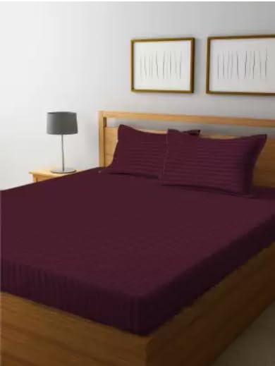 OROXO Luxury 150 TC Glace Cotton Plain Stripe Queen Size Double Bedsheet with 2 Pillow Cover for Home, Hotel, Guest Room (90 X 100) Inch Pack 1 (Wine)