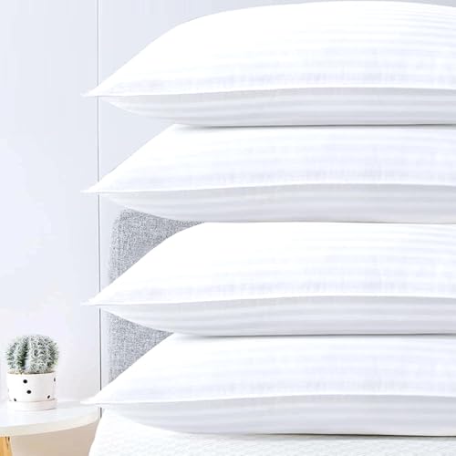 AJISH Soft Microfiber Bed Pillows Set of 4, 16 X 24 Inch Small Size Pillow - Cooling Pillows for Sleeping - Luxury White Stripe Pillows for Side, Stomach or Back Sleepers, Machine Washable