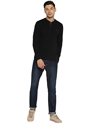 AMERICAN CREW Henley Full Sleeves Black Regular Fit T-Shirt For Men (Ac502_Black_Xl)