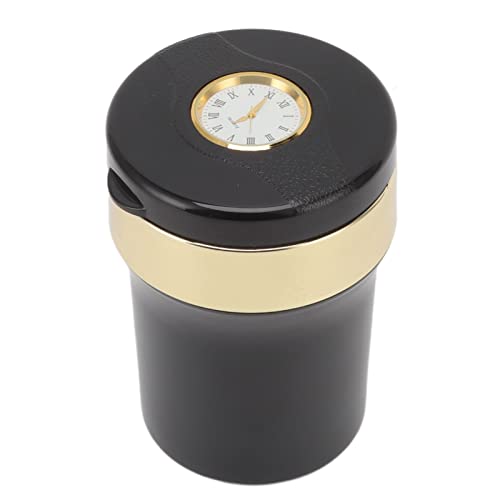 Car Ashtray, Clock Easy to Clean Multifunctional Flame Retardant Mini Car Ashtray Stainless Steel Inside LED Light for Outdoor (Black Gold)