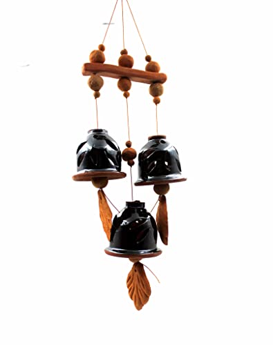 SULFAX Present A Terracotta Ceramic Coated Black Wind Chimes with (Three Bells) of Straight Design Handmade Craft with Melodious Sound Bells. ( Size :- 36 cm Long )