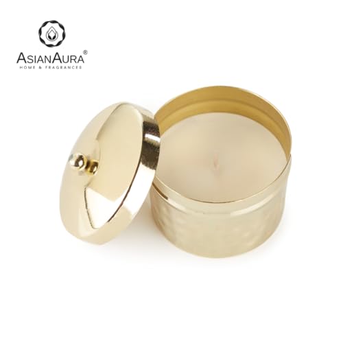 Asian Aura Scented Soy Blend Candle in Gold Hammered Metal Jar with Lid | Smokeless, Long-Lasting Aroma Candle for Home Decor, Events, Relaxation, and Gifting (Royal Oud)