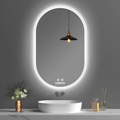 COMTO Oval LED Wall-Mounted Bathroom Vanity Mirror with Anti-Fog and Dimmable LED Light with Touch Sensor,Backlit White, Warm White, Natural White LED Light (Size 24x36inch)