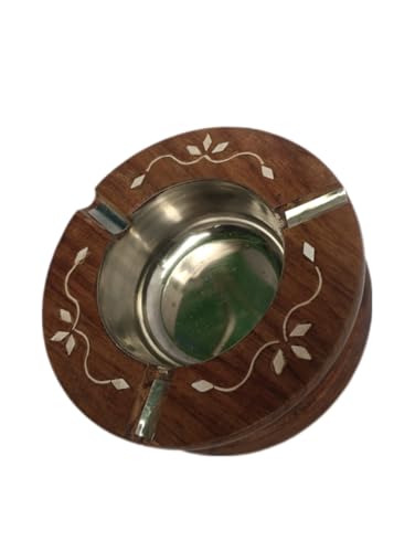 Indian trust arts Wooden Ashtray with Inlay Design, Round Shape, steel Insert,for Home Office Car Gifts,Brown