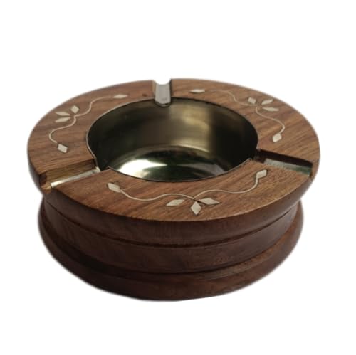 Indian trust arts Wooden Ashtray with Inlay Design, Round Shape, steel Insert,for Home Office Car Gifts,Brown