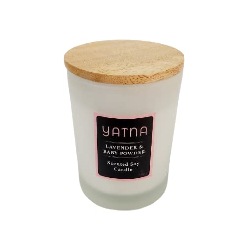 Virgo Creations YATNA Glass Jar Candle, Soy Wax, Lavender-Baby Powder Fragrance, Frosted Glass Jar Candle with Wooden Lid, Home Fragrance Décor Gift, Jar Size 7.5×7.5×10 cm, Pack of 1