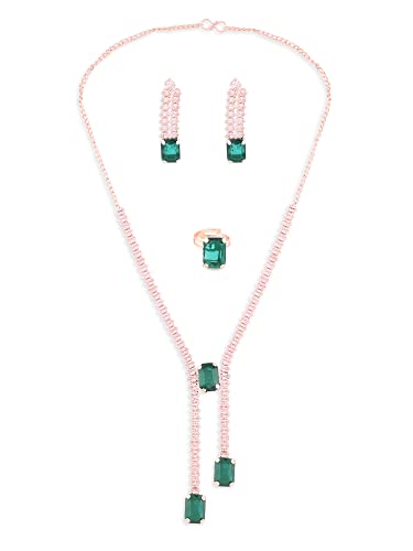 ZAVERI PEARLS Green Dazzling Contemporary Necklace Earring & Ring Set For Women-ZPFK14400