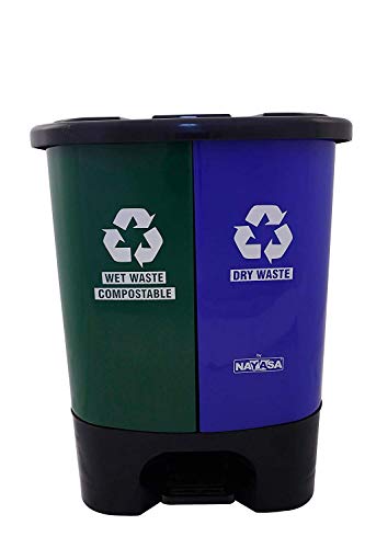 Nayasa superplastt Twin Bin Dry and Wet Waste Dustbin (35 L), Plastic, Green and blue, Step-On