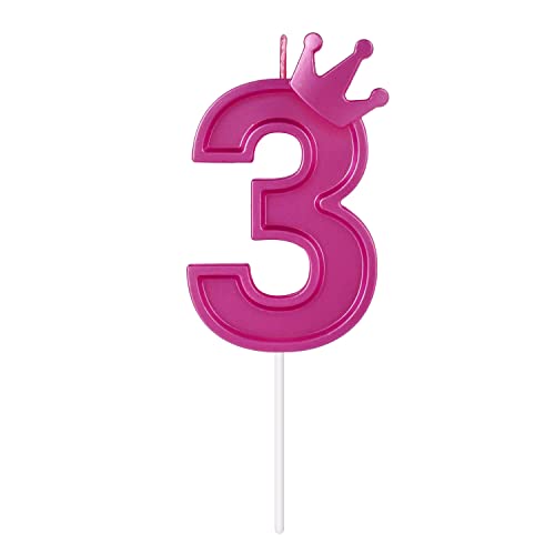 3 Inch Birthday Number Candle, 3D Number Candle with Crown Decor Large Cake Topper Number Candles for Birthday Cakes Wedding Anniversary Graduation Festival Party (Rose Red, 3)