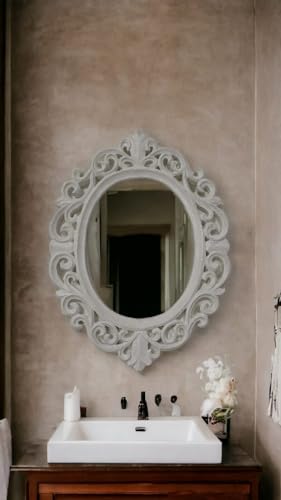 Taksha Decors Carved Wooden Frame Mirror | Intricate Wooden Carving | Royal White duco Paint | 12 inches