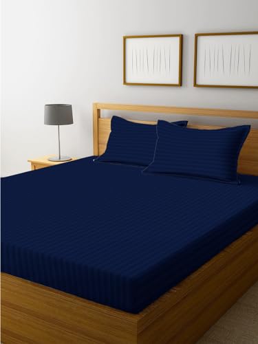 WUSA 210 TC Satin Double Bed Striped Fitted (Elastic) Bedsheet (Pack of 2) (Dark Grey, Navy Blue)