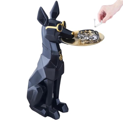Modern Geometric Doberman Dog Statue with Ashtray, 77 cm Decorative Resin Sculpture, Black and Gold