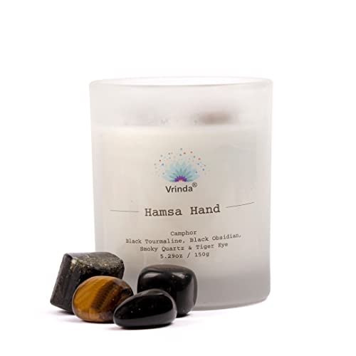 Vrinda® Hamsa Hand Glass Scented Candle with Crystals, Soy Blend. Approx. 5.29Oz