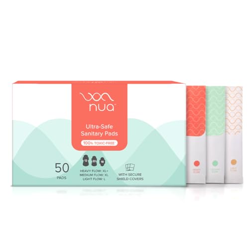 Nua Ultra Safe 50 Sanitary Pads For Women | 3 sizes in 1: 12 Heavy Flow-XL+, 20 Medium-XL & 18 Light-L | Toxic-Free & Rash-Free | Unscented | Leakproof | With 50 Disposal Pouches| Bulk Pack