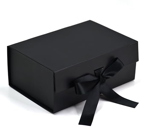 RBS® - Black Foldable Gift Box (1 Pack) Empty Gift Box with Satin Ribbon 23 x 16 x 10cm, Multipurpose Hamper Box Holds upto 5 kg Reuse Gift Boxes for Presents all occasions, Box for Packing