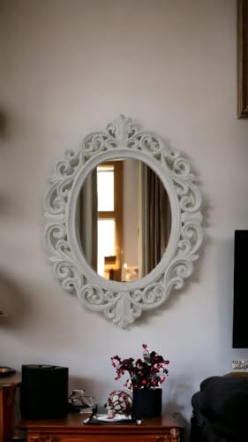 Taksha Decors Carved Wooden Frame Mirror | Intricate Wooden Carving | Royal White duco Paint | 12 inches