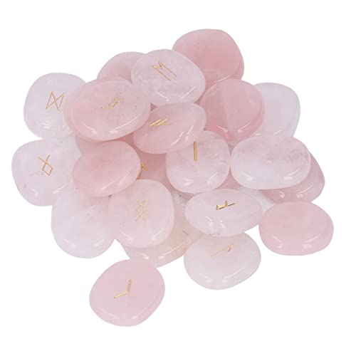 Stones Set, Natural Rune Stones Set Smoother Engraved Fine Polishing with Storage Bag for Gift (Rose Quartz)