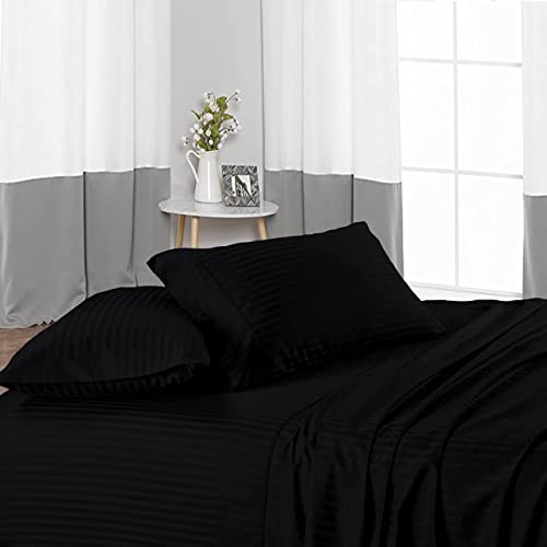 Sateen Bedding- 600TC All Around Elastic 3 Piece Fitted Bedsheet Set- 100% Cotton 1 Fitted Bedsheet with 2 Pillow Cover- 8" Deep Pocket Fitted Sheet-King Sizee, Black Stipe