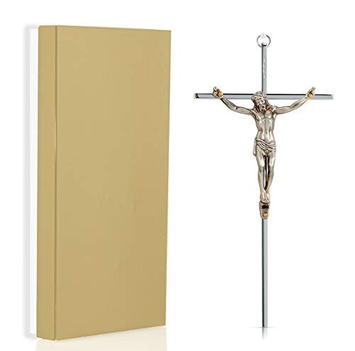 SmartChoice Crucifix - Solid Brass-Antique Silver Polished Wall Cross -10" - Packed in Gift Box - Decorative Crosses (Antique Silver)