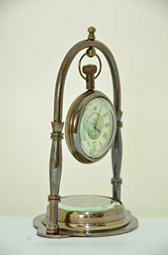 USEW Handmade Nautical Antique Brass Desk & Shelf Clock with Compass Base Antique Brass Desk Hanging Clock with Compass – Roman Dial.