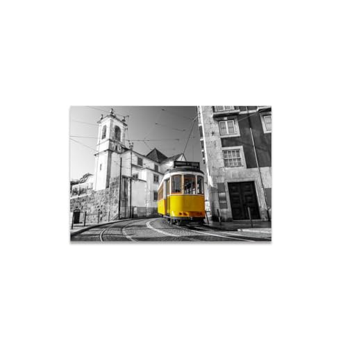 GADGETS WRAP Canvas Gallery Wrap Framed for Home Office Studio Living Room Decoration (14x11inch) - Yellow Tram In City