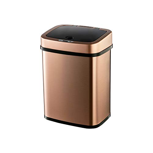 Ninestars Bedroom or Bathroom Automatic Touchless Infrared Motion Sensor Trash Can, 3 Gal 12L, Stainless Steel Base (Rectangular, Rose Gold/Black Lid)